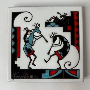 Cleo Teissedre Kokopelli Hand Painted Ceramic Tile Trivet Wall Decor 6x6 Vintage